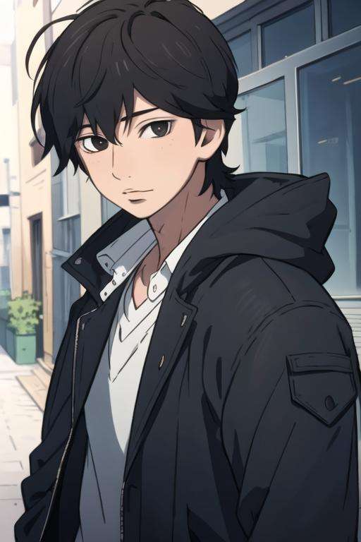 masterpiece, best quality, high quality, 1boy, solo, male focus, looking at viewer, upper body, , <lora:kakeru_naruse:0.74>, kakeru_naruse, black hair, black eyes, coat