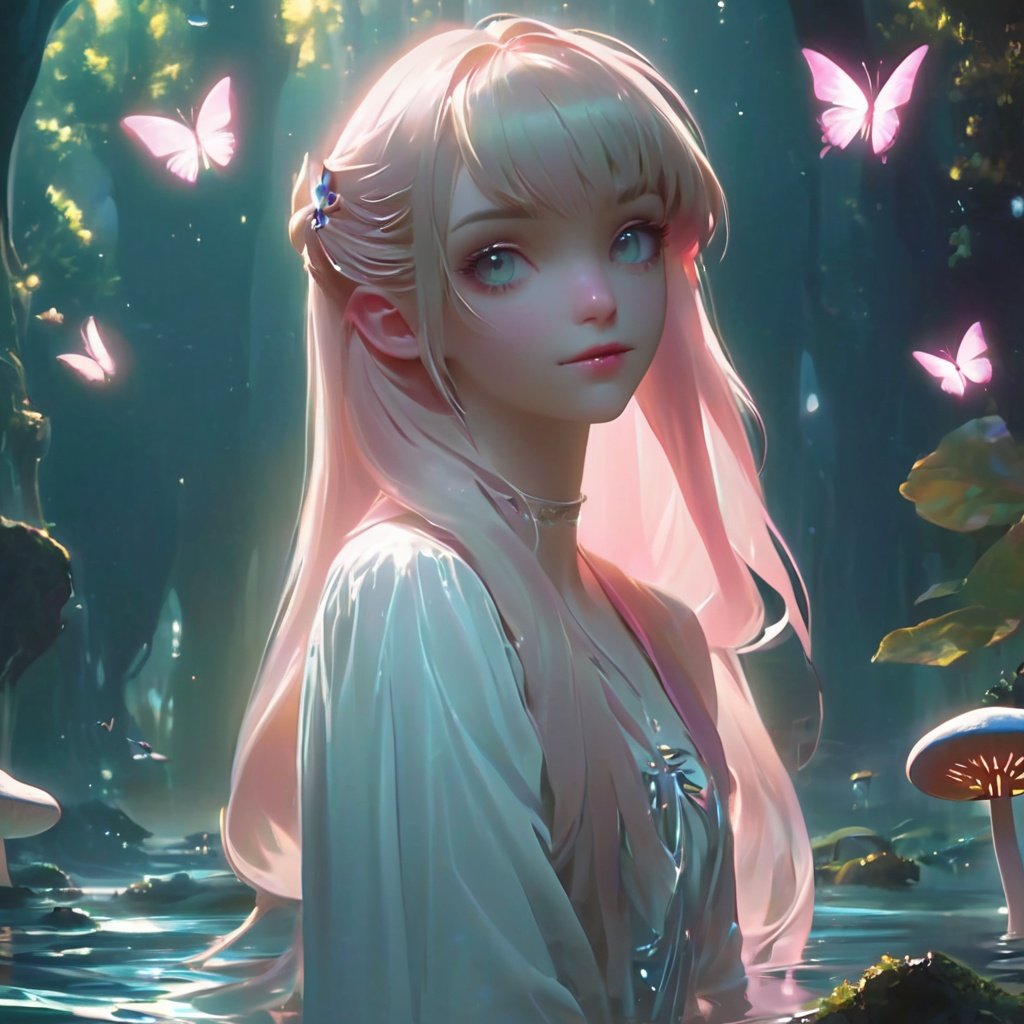 1girl,alone,single,solo,only one,one character,(((Personage as the main perspective))),(((character in the middle))),((masterpiece)),((best quality)),(ultra-detailed),(illustration),clear-cut margin,alphonse mucha, extremely detailed CG unity 8k wallpaper,((an extremely delicate and beautiful)),(dynamic angle),An enchanted forest at night illuminated by glowing mushrooms, ((Tyndall effect)),(Fluorescent mushroom forests background), 1girl,(arms behind back),(beautiful detailed eyes),cute pink eyes,golden pupil,detailed face,upper body,white dress,messy floating pink hair,disheveled hair,focus,(beautiful water),river,flying butterfly,sunlight,shine,chiaroscuro, ray_tracing,(painting),[[[[[[8 k artistic photography]]]]]]
