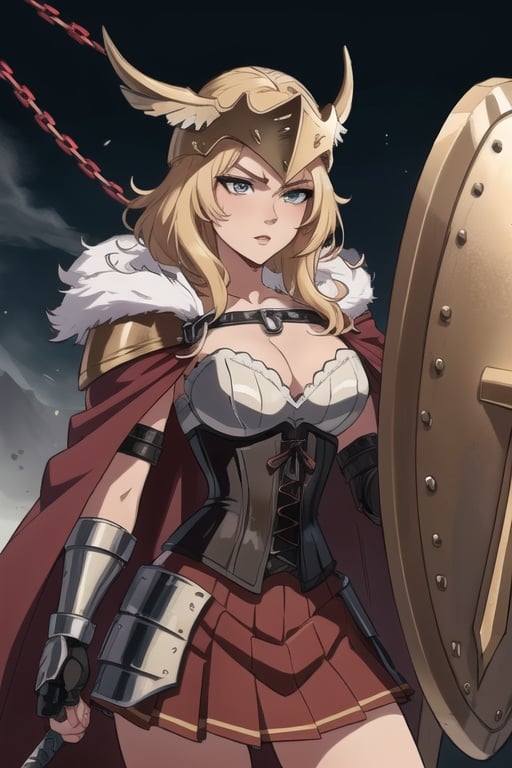 2 Woman, armored chain,1 sheild in hand, 1 sword, exact look of the sword, epic background, fur cape, chain armor, Valkyrie, viking helmet, Yggdrasil background, hand on sword handle, corset, red bustier, red pleated skirt, anime 2.0,