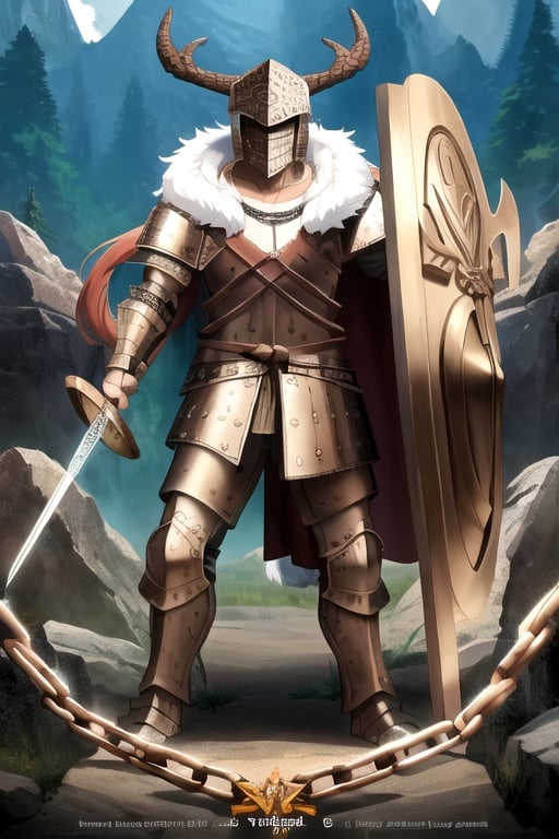 man, armored chain,1 sheild in hand, 1 sword, exact look of the sword, epic background, fur cape, chain armor, Viking, viking helmet, Yggdrasil background, hand on sword, anime 2.0,