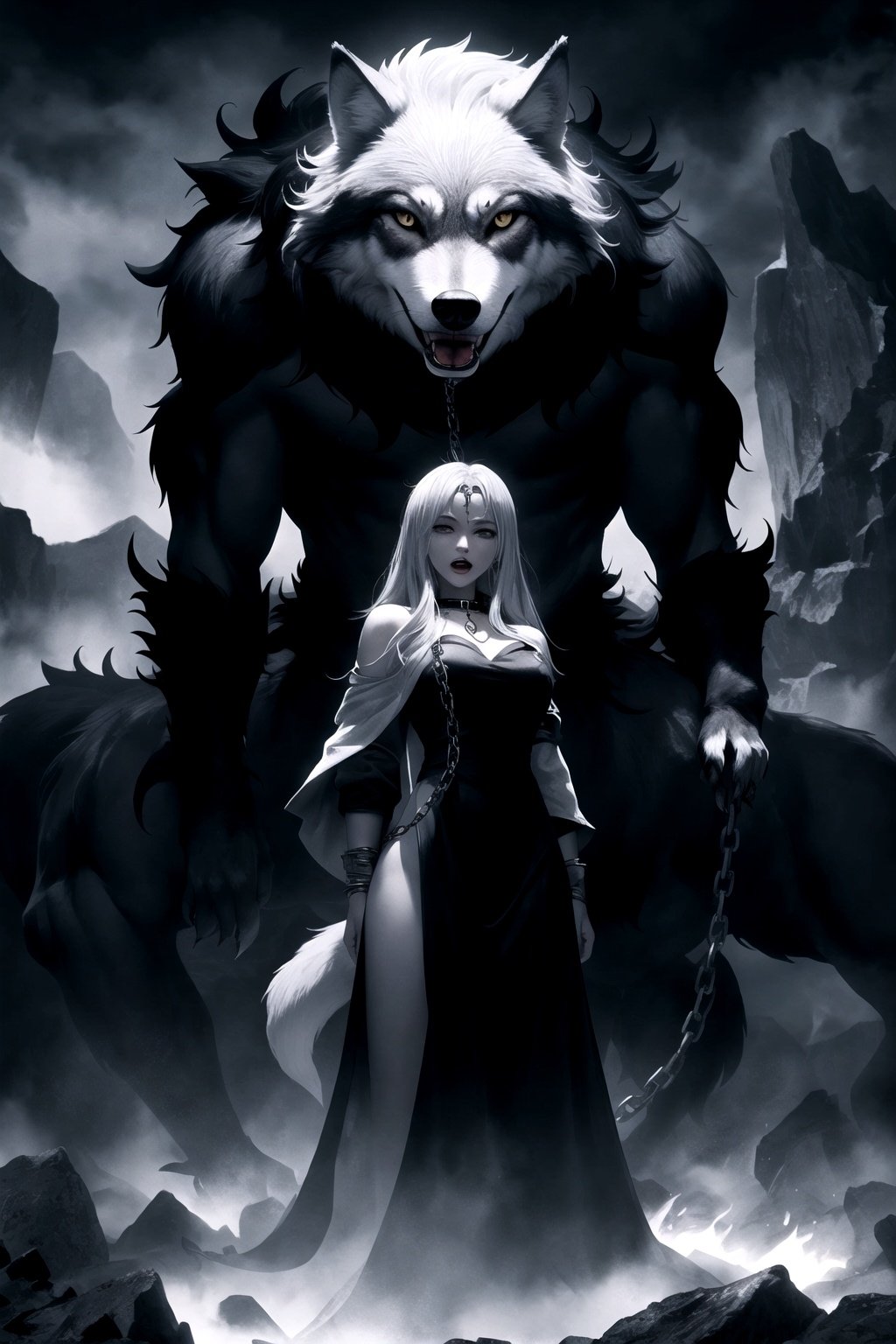 giant silver gray wolf, Chained to in a vast hell, runes on the collar and chain, monster, mythology, Rock face in the background and torchlight, The wolf stands sideways and growls at the viewer who is looking over his shoulder, teeth bared, giant biggest wolf



maximum image texture, best quality UHD 16k, Anime 1.5, best quality, masterpiece, Ultra detailed, very high definition, extremely delicate and beautiful, more contrast, high contrast,