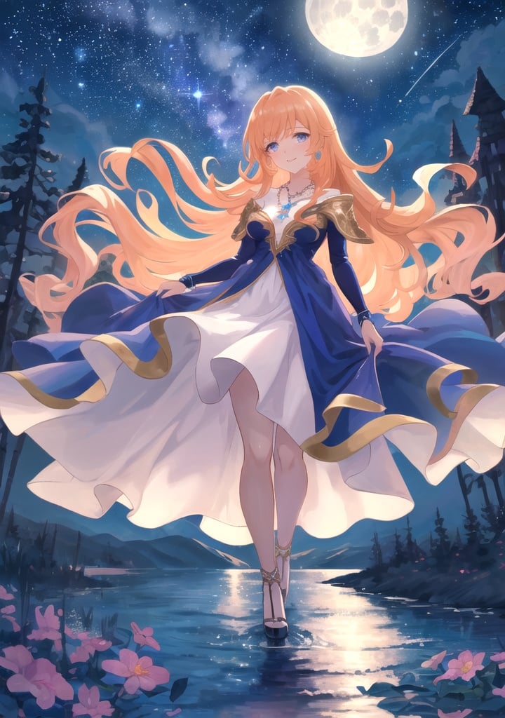 In a flowing dress made of royal blue velvet, Lina stands under the sparkling starry sky. The long locks of her mahogany hair shimmer in the soft moonlight. Her smile is as radiant as the brightest star in the firmament and gives her face an enchanting warmth. Her dress flows around her like a river of silk as she stands slightly on tiptoe to catch the breeze of the night wind. A delicate silver necklace sparkles around her neck, shimmering in the dark of night. The gentle curves of her body are elegantly accentuated by the dress, which emphasizes her elegance and grace. An idyllic scenery spreads out behind her, with a clear lake surrounded by high mountains. The stars are reflected in the calm water while the full moon creates a magical atmosphere. The combination of Lina's beauty and the majestic backdrop creates an image of timeless grace and magical harmony.





maximum image texture, best quality UHD 16k, Anime 1.5, best quality, masterpiece, Ultra detailed, very high definition, extremely delicate and beautiful, more contrast, high contrast