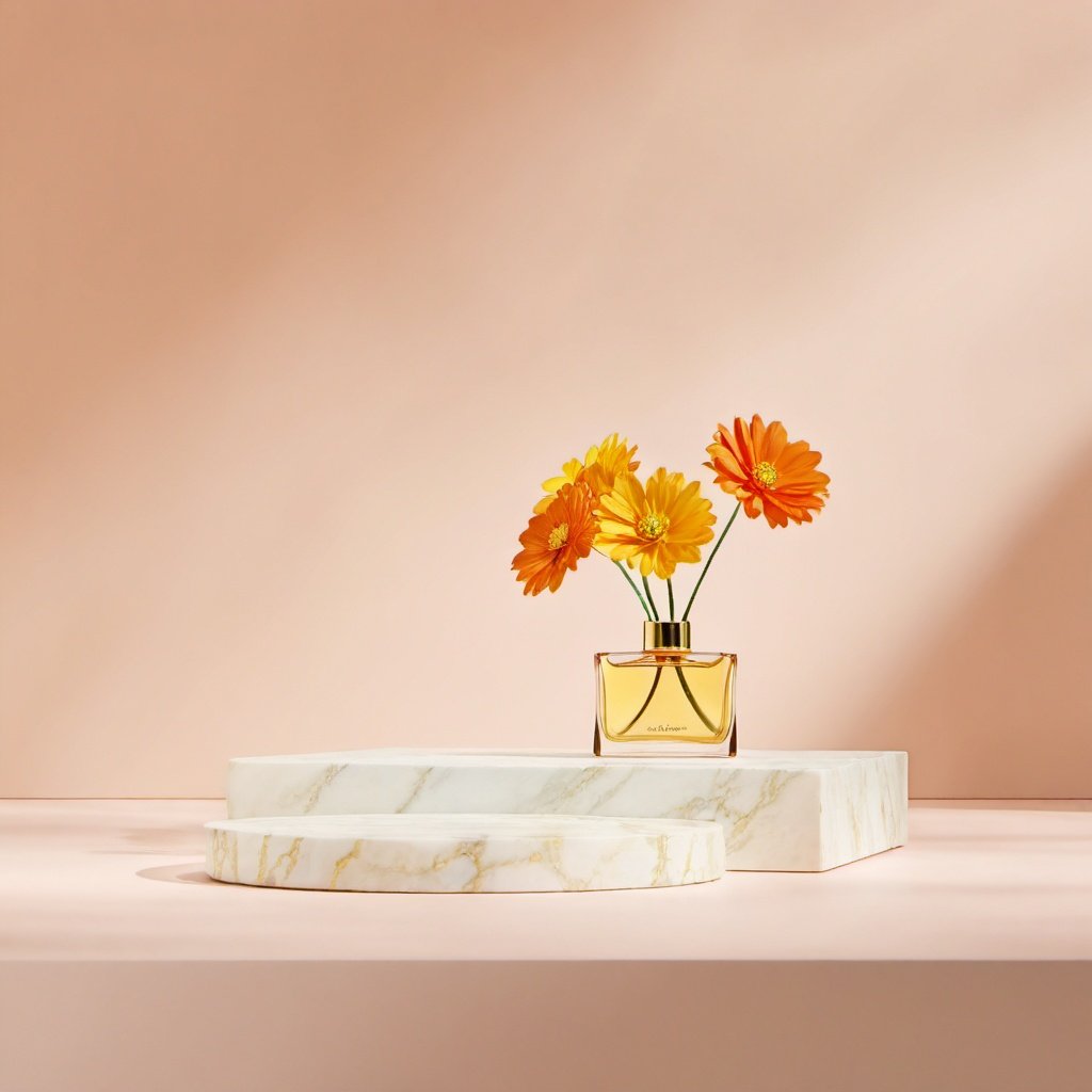 best quality,masterpiece,ultra high res,(photorealistic:1.4),booth,no humans,simple background,flowers,different clor,<lora:sdxllora3-000008:0.8>,perfume bottle,marble table top,