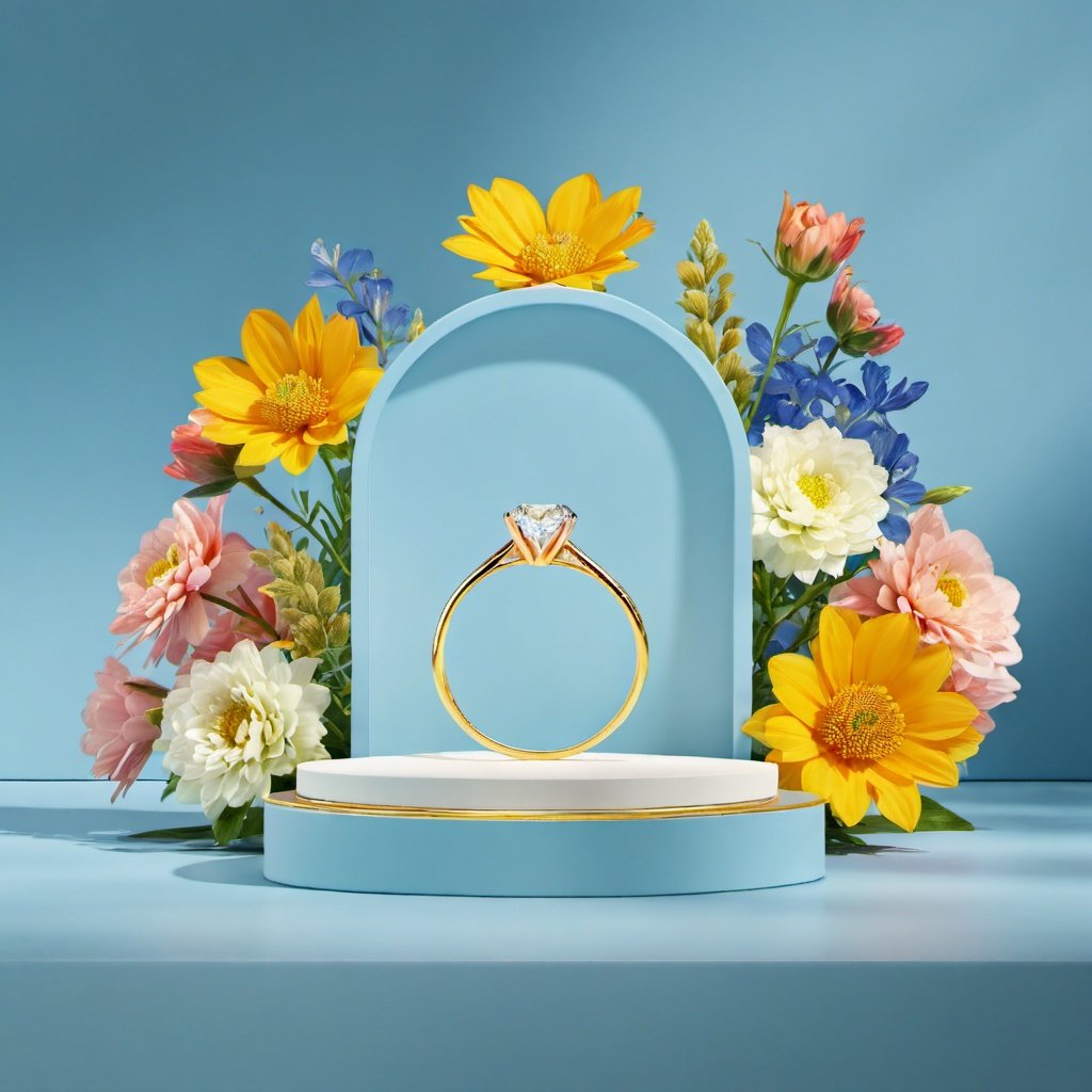 best quality,masterpiece,ultra high res,(photorealistic:1.4),booth,no humans,simple background,flowers,different clor,<lora:sdxllora3-000008:0.8>,blue background,(Diamond ring box:1.2),