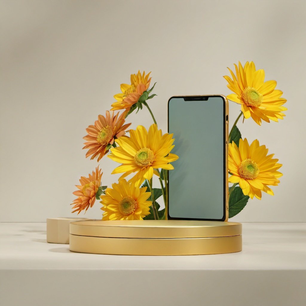 best quality,masterpiece,ultra high res,(photorealistic:1.4),booth,no humans,phone,grey background,simple background,gold,flowers,different clor,<lora:sdxllora3-000008:0.8>,MOBILE PHONE,