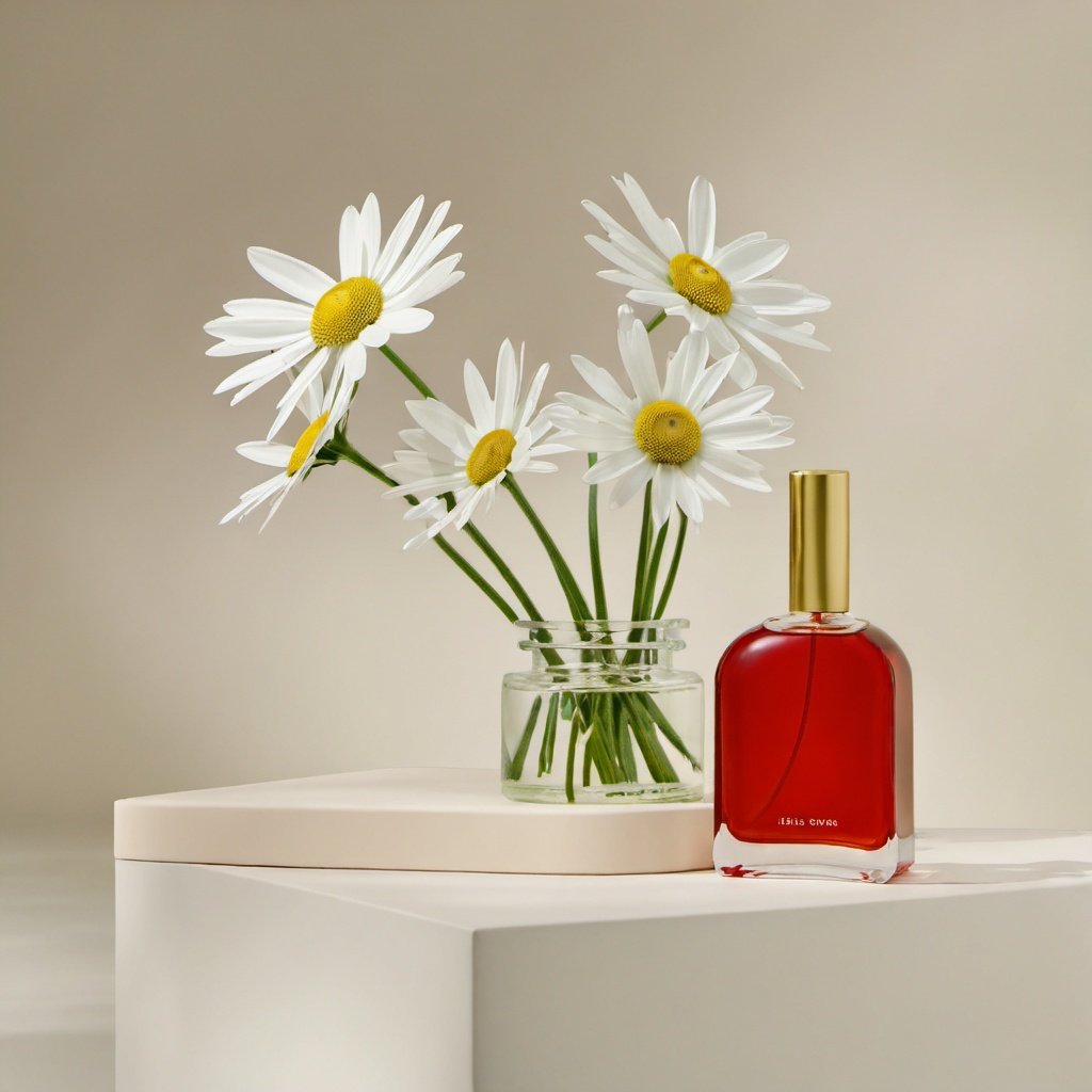 est quality,masterpiece,ultra high res,(photorealistic:1.4),booth,no humans,white flower,still life,grey background,daisy,simple background,<lora:sdxllora3-000008:0.8>,(perfume bottle:1.2),red perfume bottle,