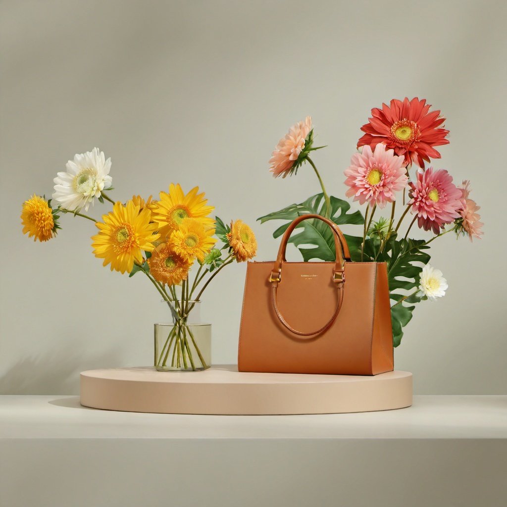 best quality,masterpiece,ultra high res,(photorealistic:1.4),booth,no humans,grey background,simple background,flowers,different clor,<lora:sdxllora3-000008:0.8>,(bag:1.2),