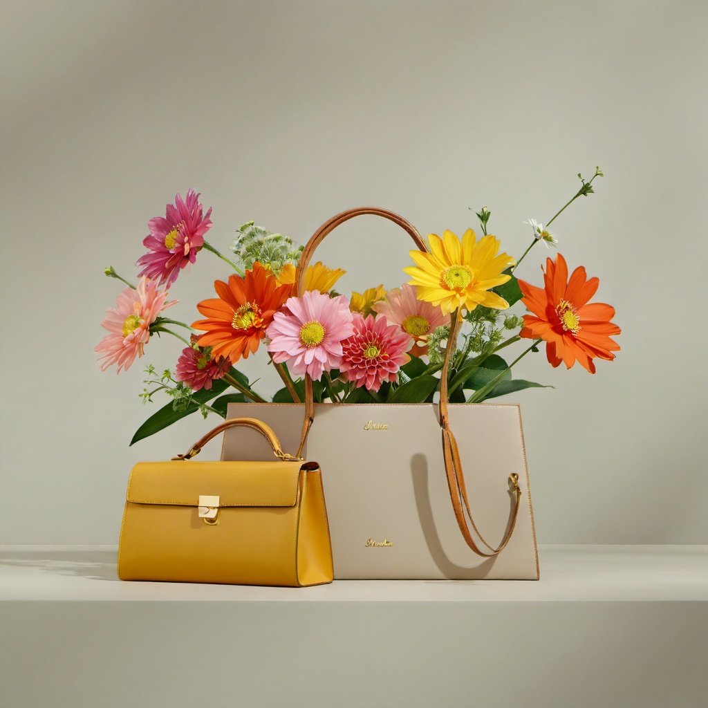 best quality,masterpiece,ultra high res,(photorealistic:1.4),booth,no humans,grey background,simple background,flowers,different clor,<lora:sdxllora3-000008:0.8>,(bag:1.2),