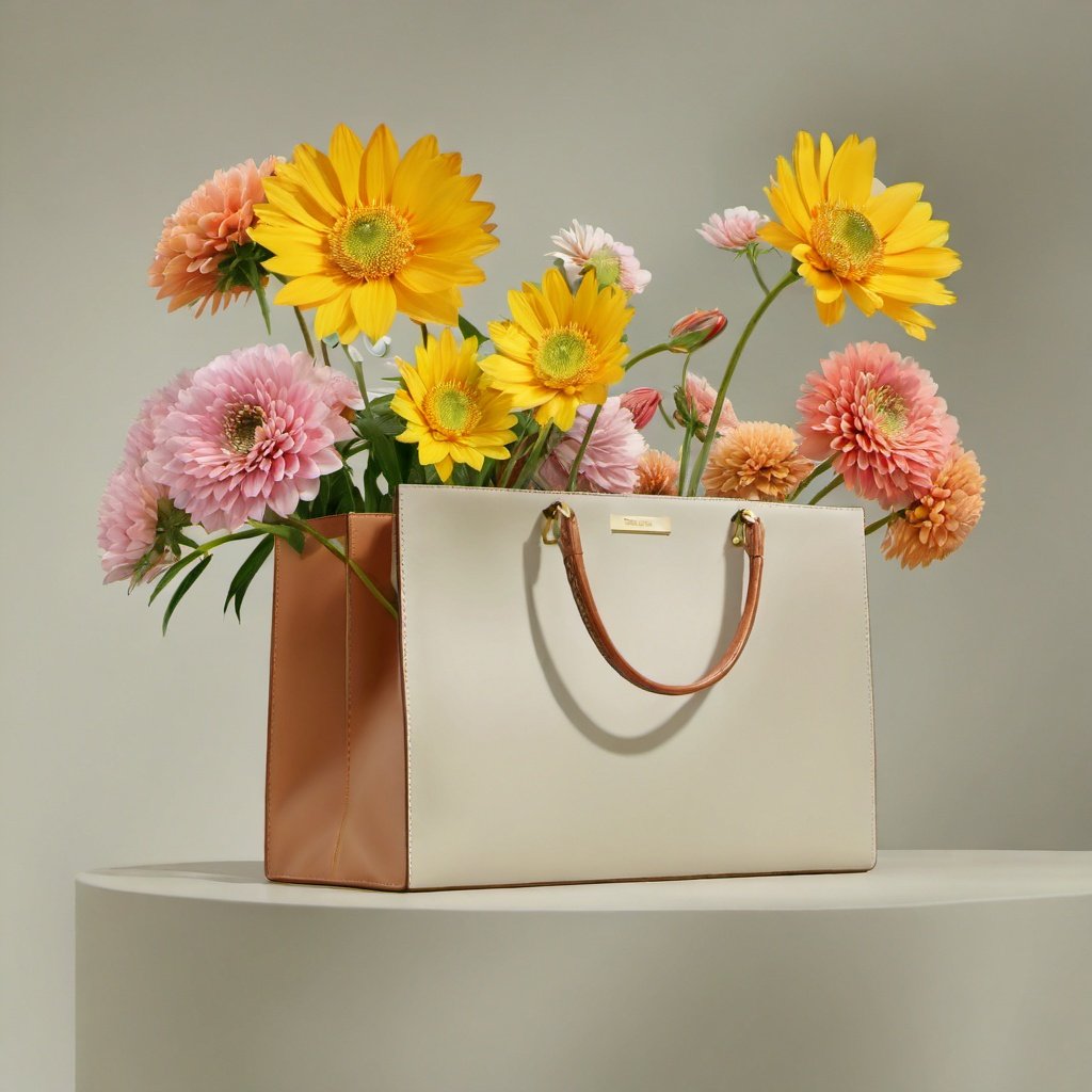 best quality,masterpiece,ultra high res,(photorealistic:1.4),booth,no humans,grey background,simple background,flowers,different clor,<lora:sdxllora3-000008:0.8>,(bag:1.2),