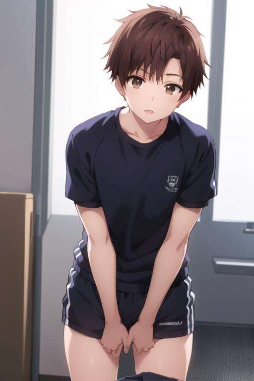 masterpiece, best quality, ultra-detailed, illustration, 1boy, solo, male focus, looking at viewer, , , <lora:itsuki_akazawa:0.70>, itsuki_akazawa, brown hair, brown eyes, gym uniform