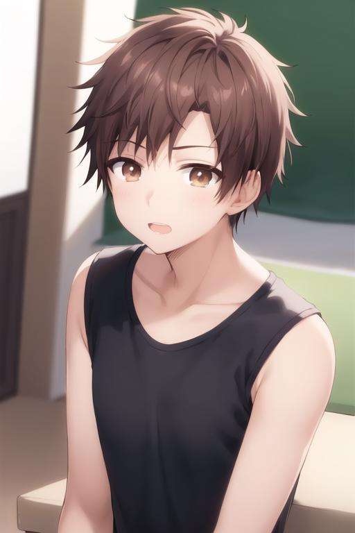 masterpiece, best quality, high quality, 1boy, solo, male focus, looking at viewer, upper body, depth of field, <lora:itsuki_akazawa:0.70>, itsuki_akazawa, brown hair, brown eyes, tank top