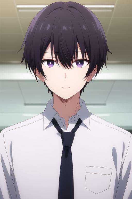 masterpiece, best quality, high quality, 1boy, solo, male focus, looking at viewer, upper body, , <lora:amane_fujimiya:0.72>, amane_fujimiya, black hair, purple eyes, formal, necktie, dress shirt