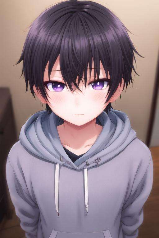 masterpiece, best quality, high quality, 1boy, solo, male focus, looking at viewer, , depth of field, <lora:amane_fujimiya:0.72>, amane_fujimiya, black hair, purple eyes, hoodie