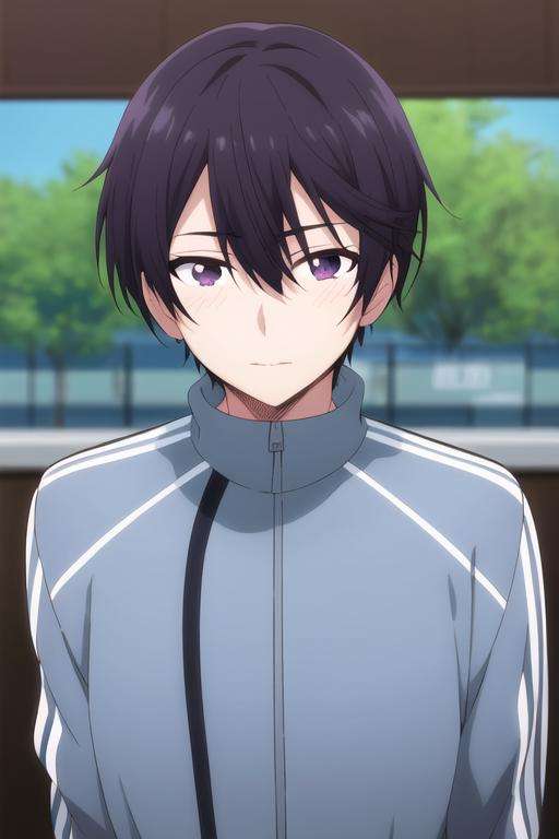 masterpiece, best quality, ultra-detailed, illustration, 1boy, solo, male focus, looking at viewer, upper body, depth of field, <lora:amane_fujimiya:0.78>, amane_fujimiya, , track suit