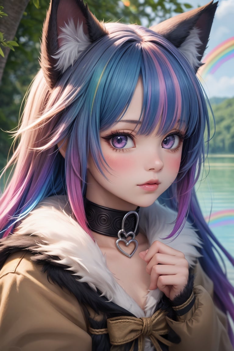 1girl, furry girl, anime furry women, ((best quality)), ((masterpiece)), ((realistic)), (detailed), portrait, close up, young female, RAW photo, uhd, dslr, (((rainbow hair))), high quality, realistic, photo realistic, dreamlikeart, lens flare, upper body, looking at viewer, animal focus, furry, wolf fursuit, 1girl, cute, kawaii, lovely, fur, fur head, wolf head, narrow waist, wolf ears, chocker with rope, blush, paw, paw shoes, rainbow clothes, stunning gradient colors, no watermark signature, detailed background, woods, small lake with island, insanely detailed, ((masterpiece)), absurdres, HDR, heart on chest