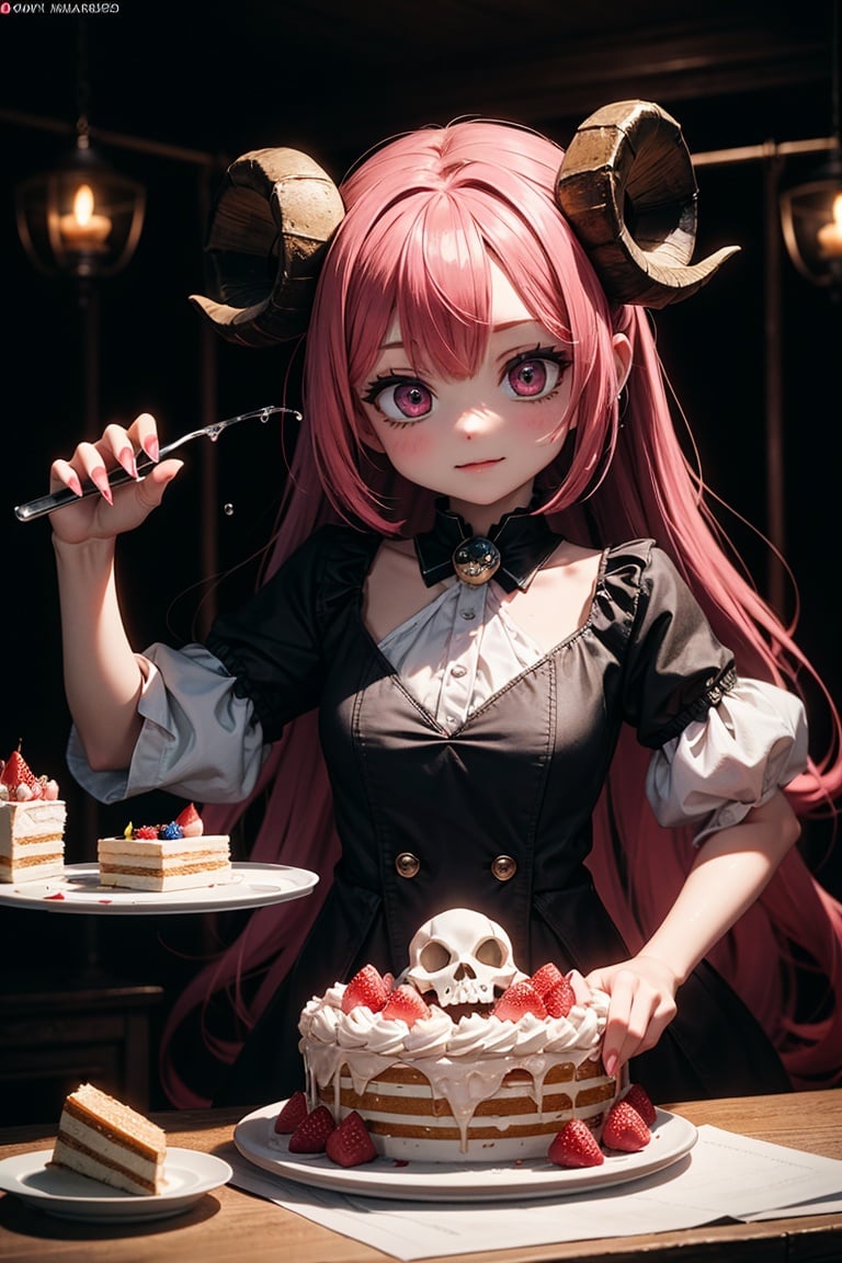 official art, unity 8k wallpaper, ultra detailed, beautiful and aesthetic, High quality, beautiful, masterpiece, best quality, (zentangle, mandala, tangle, entangle:0.6),, a cute girl serving cake to demons, pink, bright pastel colors, kawaii, (horror), eerie, rabbit skull, goat skull, in hell, creepy, demons, claws, best lighting, water splash, wind swept, glitter,ultra sharp