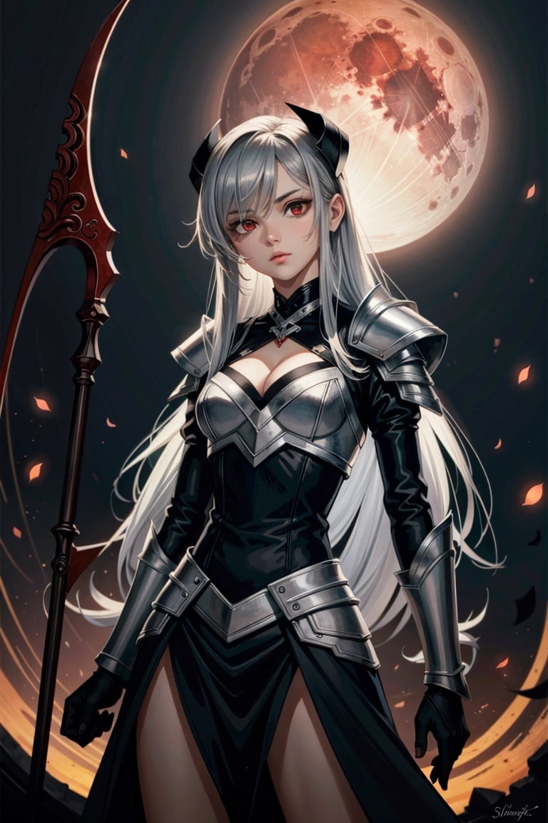 a gorgeous female human necromancer,long silver hair,scythe,bone armor,glowing red eyes,fantasy,dark room,dim light,blood moon,high contrast,best shadow,cinematic lighting,art by Gerard Brom,Alex Maleev,(best quality, masterpiece, ),