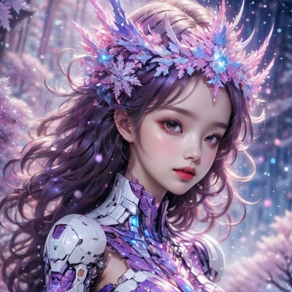 (masterpiece, top quality, best quality, official art, beautiful and aesthetic:1.2),(1girl),extreme detailed,(fractal art:1.3),colorful,highest detailed..,Purple,White,Blue,Chest,Abdomen,Snowflakes falling,(whole body:1.5),a face,(Only one face.:1.1),.,relief,Pink Mecha