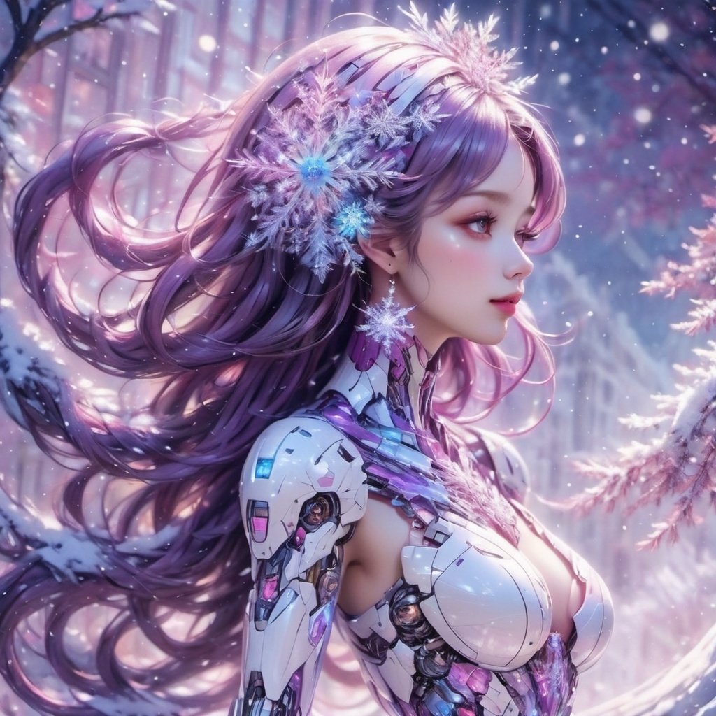 (masterpiece, top quality, best quality, official art, beautiful and aesthetic:1.2),(1girl),extreme detailed,(fractal art:1.3),colorful,highest detailed..,Purple,White,Blue,Chest,Abdomen,Snowflakes falling,(whole body:1.5),a face,(Only one face.:1.1),.,relief,Pink Mecha