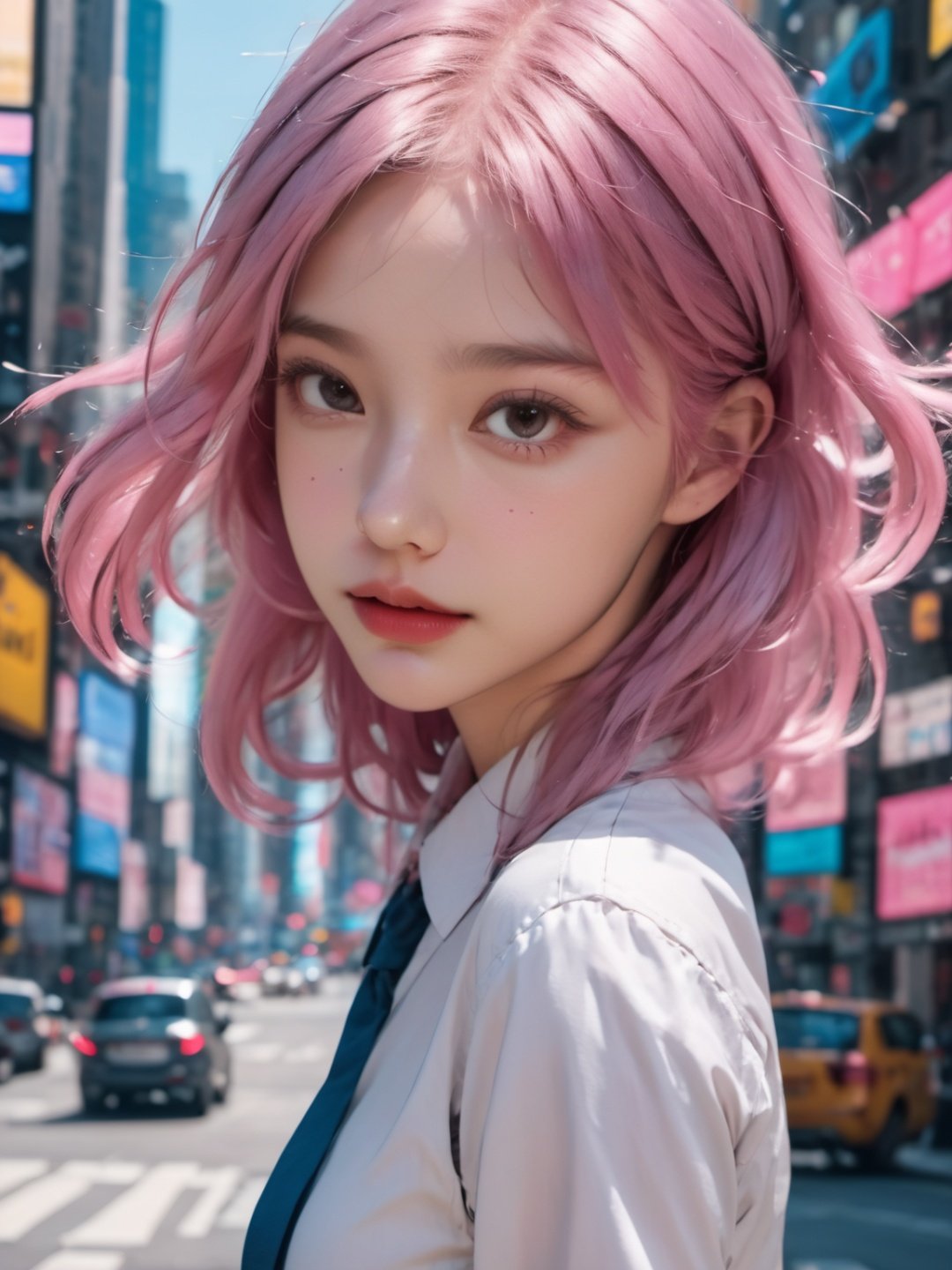 a girl is walking,best quality,looking at viewers,pink hair,blue hair,fashion,masterpiece,photorealistic,realistic,cinemagraph,realskin.milky skin,prospect,street,full body,highres,absurdres,feathers,times square,pattern,metal,freckles,