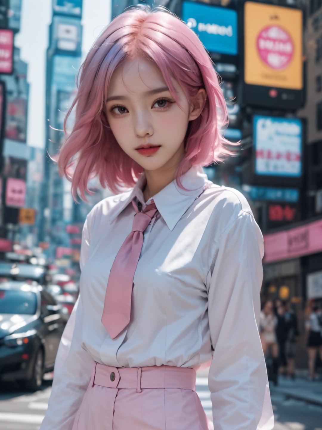 a girl is walking,best quality,looking at viewers,pink hair,blue hair,fashion style,pretty face,sailor collar,lmasterpiece,photorealistic,realistic,cinemagraph,realskin.milky skin,prospect,street,full body,highres,absurdres,feathers,times square,pattern,metal,skin texture,