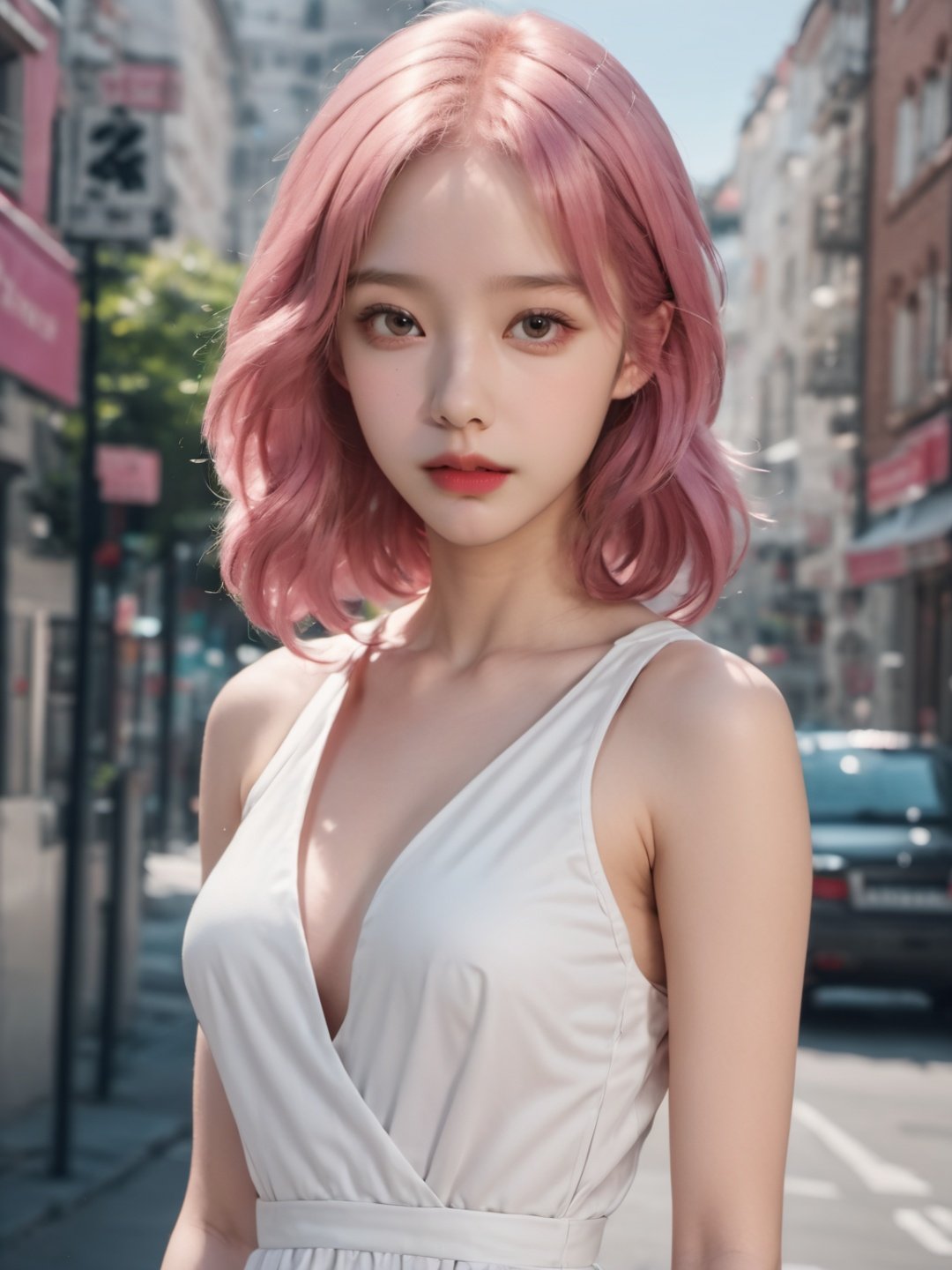 1girl,best quality,pink hair,masterpiece,photorealistic,realistic,cinemagraph,white dress,realskin.milky skin,prospect, street,full body, highres, absurdres, 