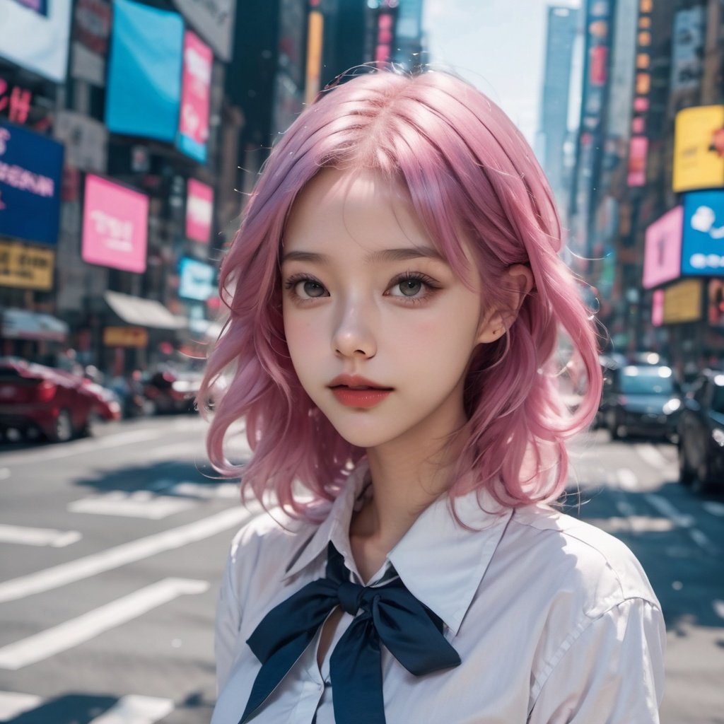 a girl is walking,best quality,looking at viewers,pink hair,blue hair,fashion style,pretty face,sailor collar,lmasterpiece,photorealistic,realistic,cinemagraph,realskin.milky skin,prospect,street,full body,highres,absurdres,feathers,times square,pattern,metal,skin texture,