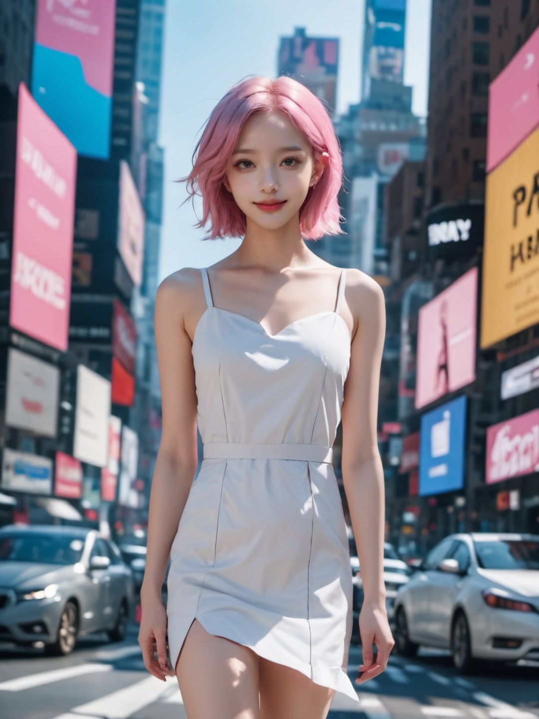 a girl is walking,best quality,looking at viewers,smile,pink hair,blue hair,fashion,masterpiece,photorealistic,realistic,cinemagraph,white dress,realskin.milky skin,prospect,street,full body,highres,absurdres,feathers,times square,pattern,metal,