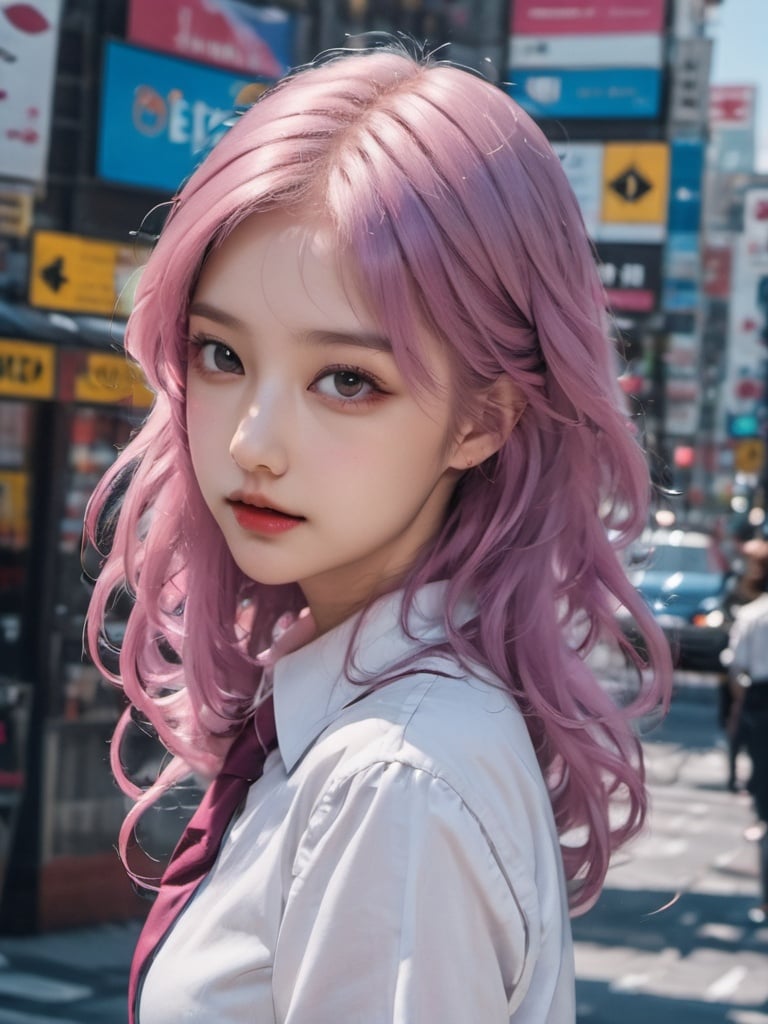 a girl is walking,best quality,looking at viewers,pink hair,blue hair,fashion style,pretty face,sailor collar,lmasterpiece,photorealistic,realistic,cinemagraph,realskin.milky skin,prospect,street,full body,highres,absurdres,feathers,times square,pattern,metal,skin texture,