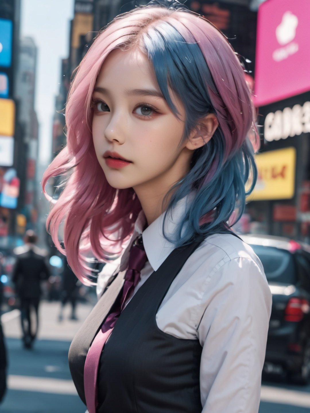 a girl is walking,best quality,looking at viewers,pink hair,blue hair,fashion style,pretty face,black suit,lmasterpiece,photorealistic,realistic,cinemagraph,realskin.milky skin,prospect,street,full body,highres,absurdres,feathers,times square,pattern,metal,skin texture,