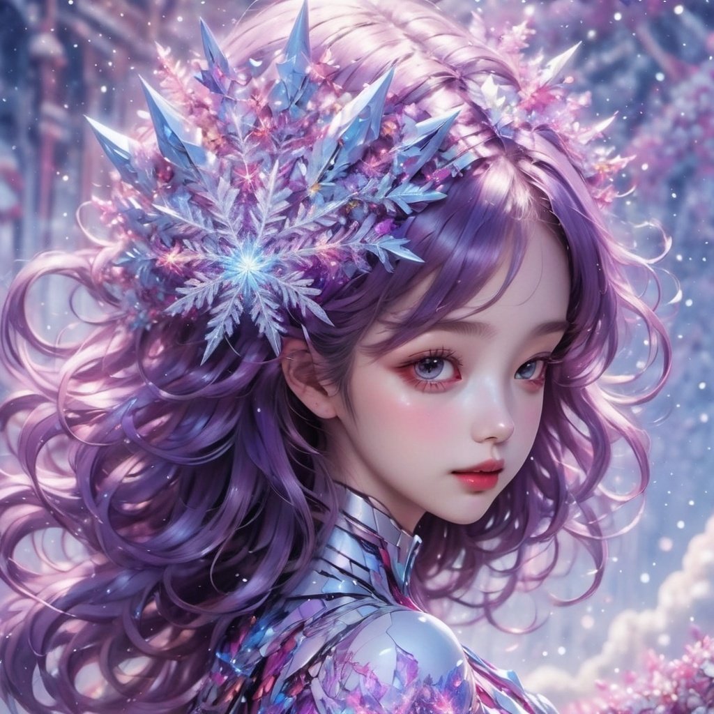 (masterpiece, top quality, best quality, official art, beautiful and aesthetic:1.2),(1girl),extreme detailed,(fractal art:1.3),colorful,highest detailed..,Purple,White,Blue,Chest,Abdomen,Snowflakes falling,(whole body:1.5),a face,(Only one face.:1.1),.,relief,Pink Mecha