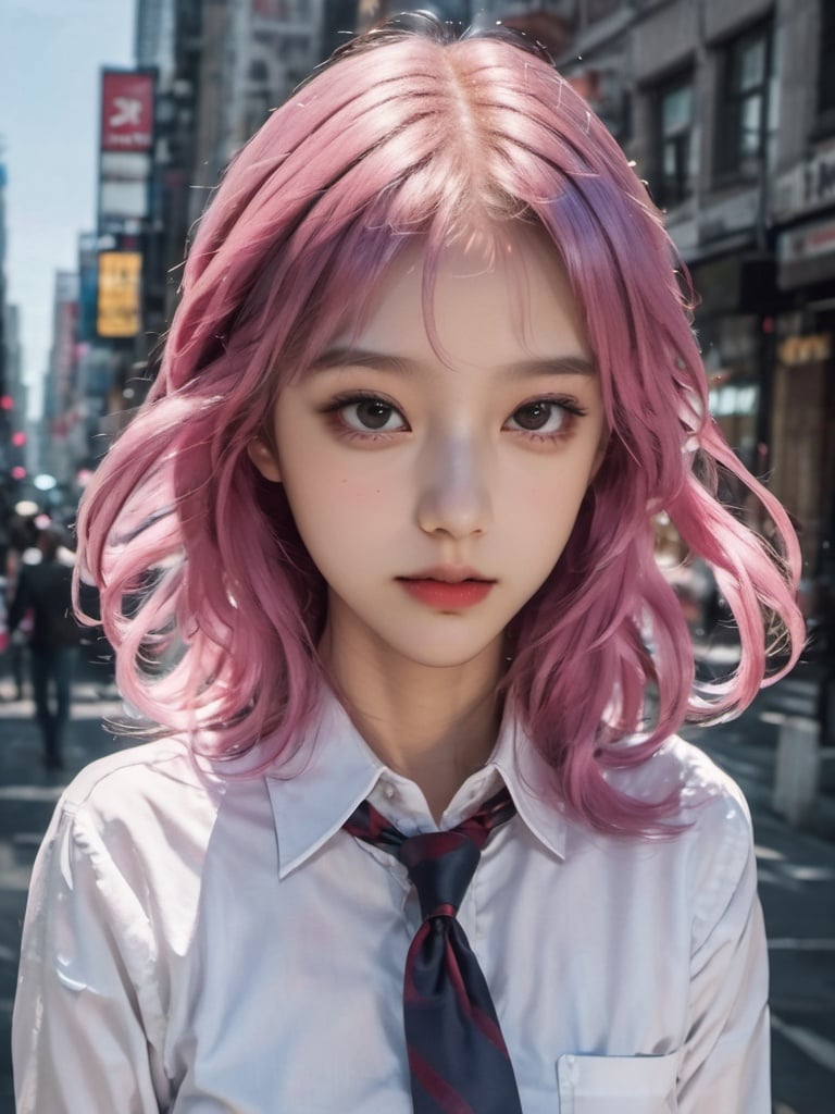 a girl is walking,best quality,looking at viewers,pink hair,blue hair,fashion style,pretty face,sailor collar,lmasterpiece,photorealistic,realistic,cinemagraph,realskin.milky skin,prospect,street,full body,highres,absurdres,feathers,times square,pattern,metal,skin texture,