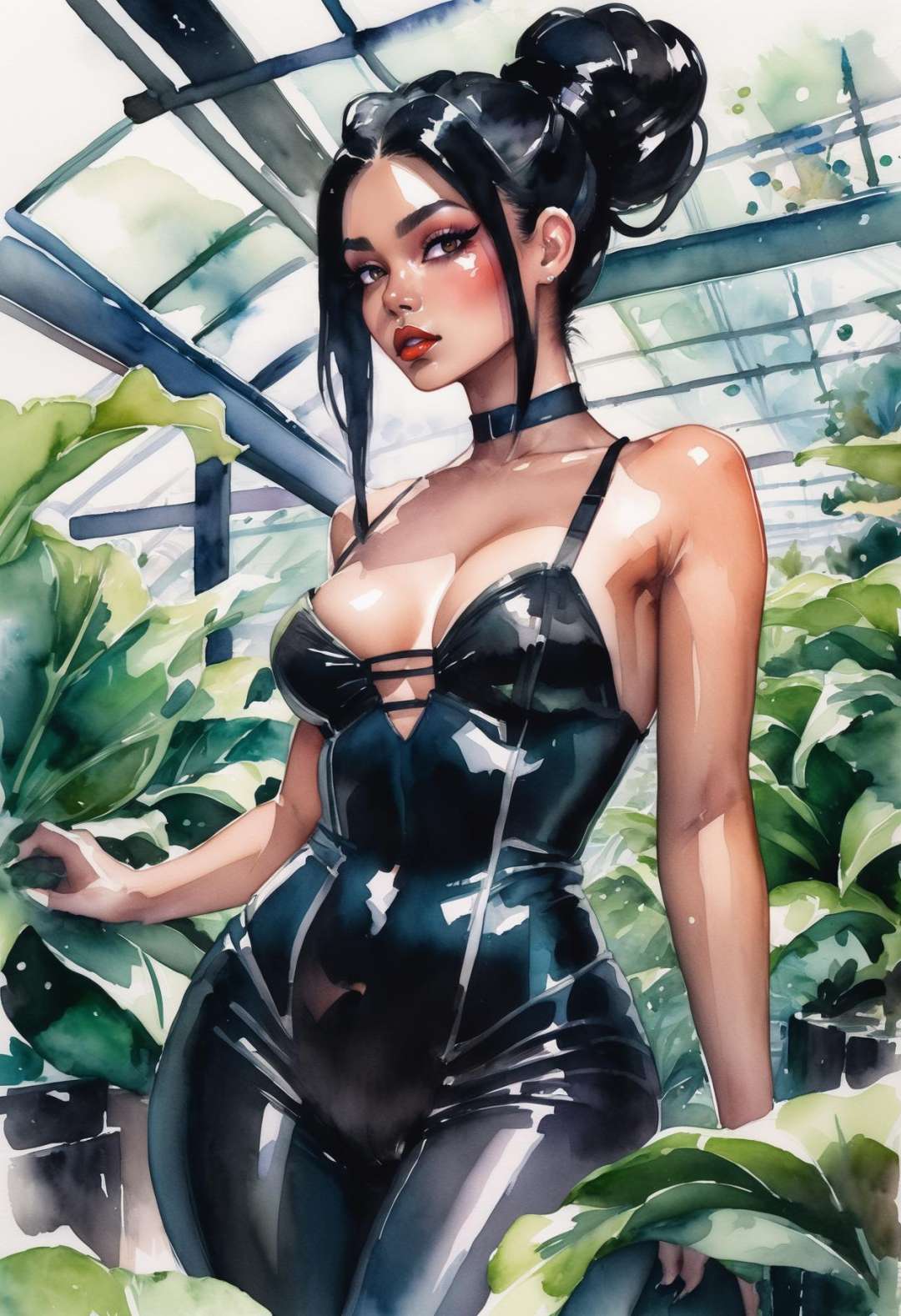 action shot, beautiful woman with black hair, hair bun,Side Ponytail, outlandishly sexy costume design, (full body:1.3), in a chaotic greenhouse, , , watercolor on paper