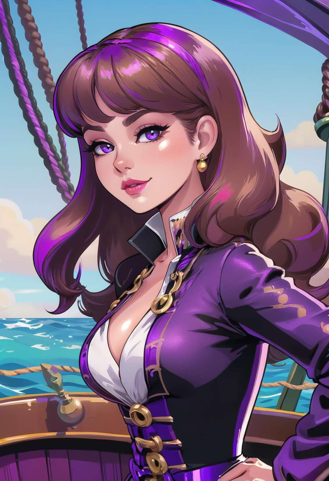 beautiful woman with glowing brown hair with violet highlights, bombshell hair,Razor Cut, outlandishly sexy costume design, , on a mid-century, aquatic pirate ship, , 