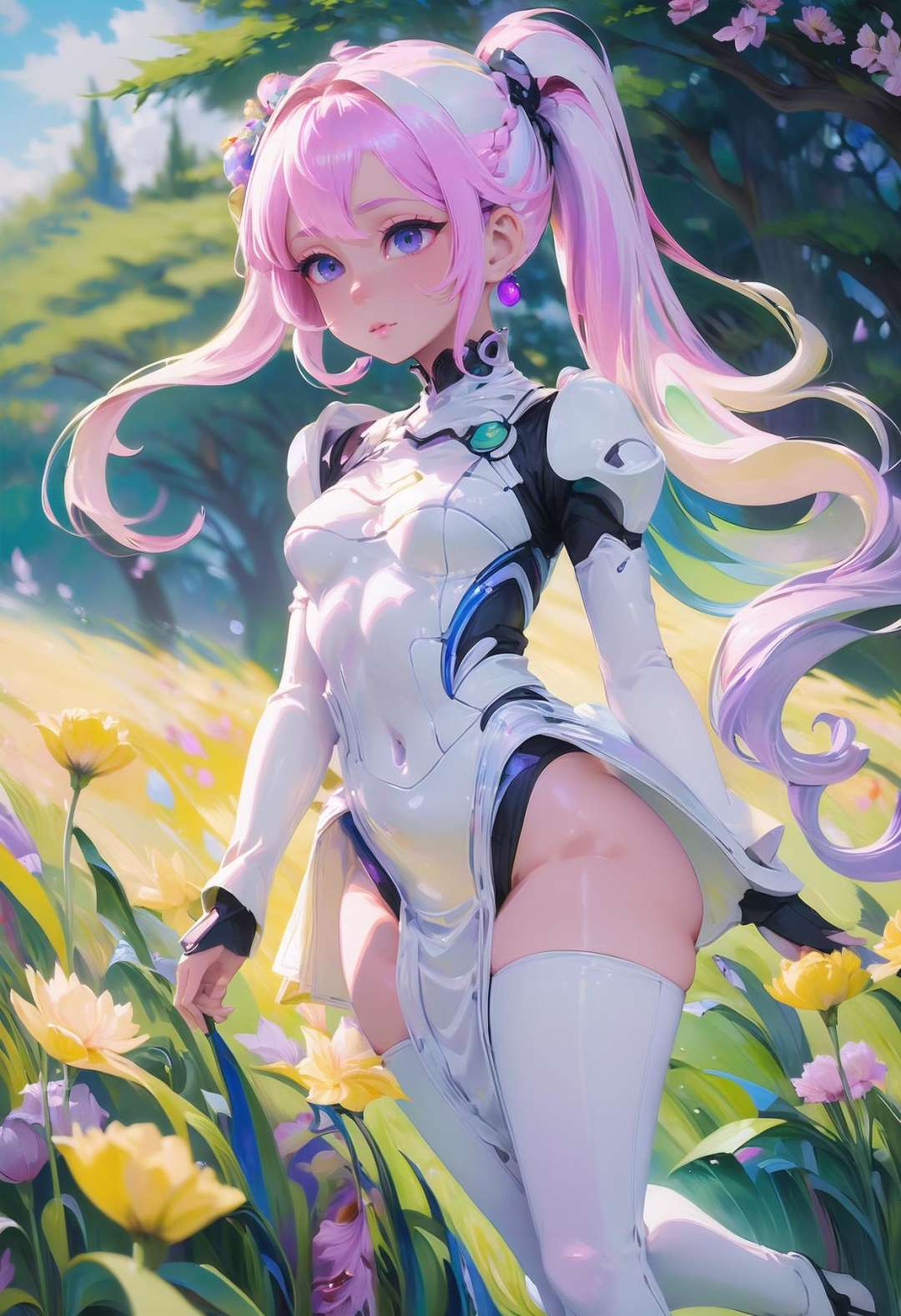 action shot, beautiful woman with ultraviolet hair, Side Ponytail, elaborate costume design, (full body:1.3), in a  spring meadow, albino, high contrast, acrylic on canvas