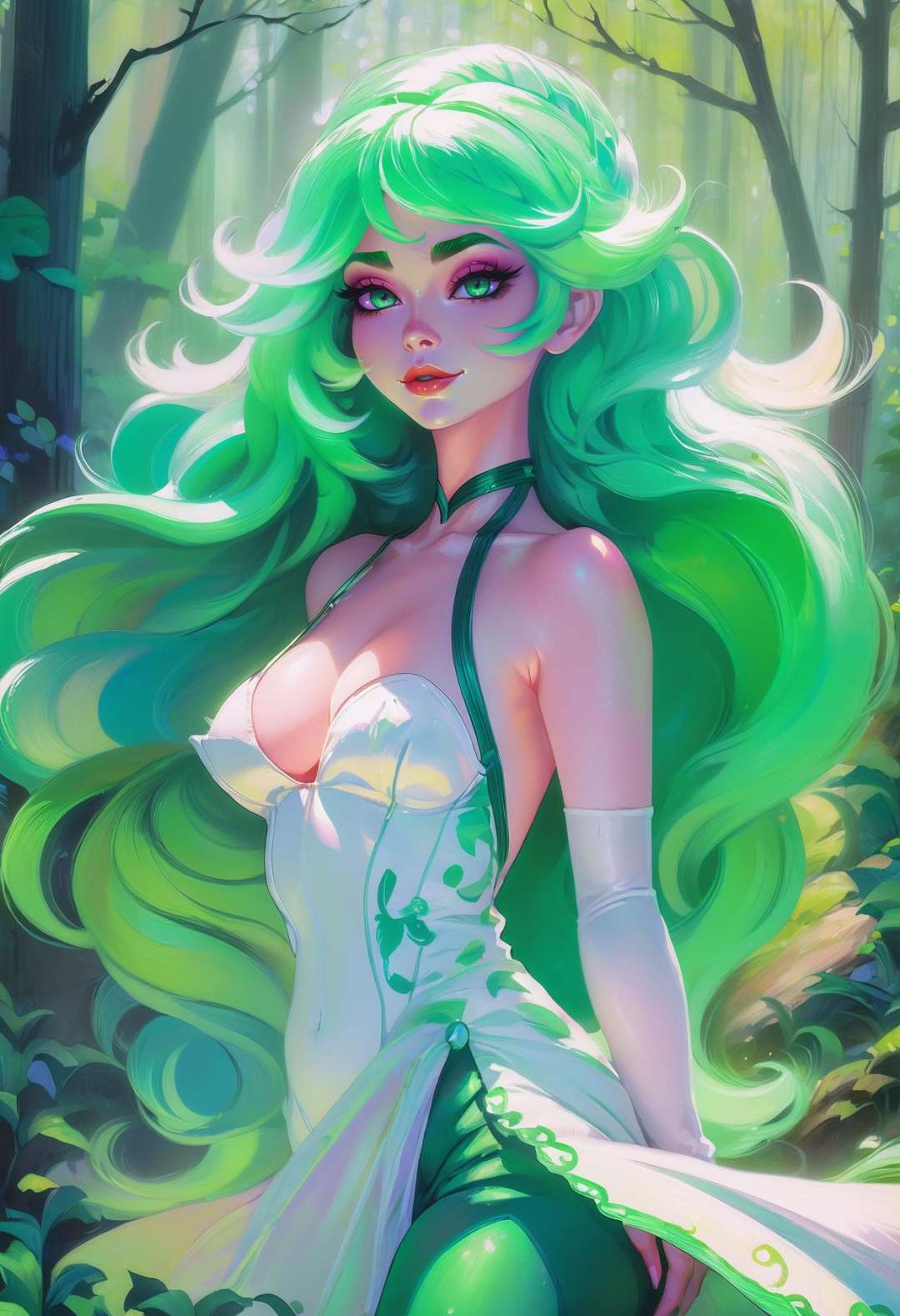 beautiful woman with glowing green hair, long bombshell hair, outlandishly sexy costume design, full body, in a cheerful spring forest, albino, dramatic lighting, gouache on canvas