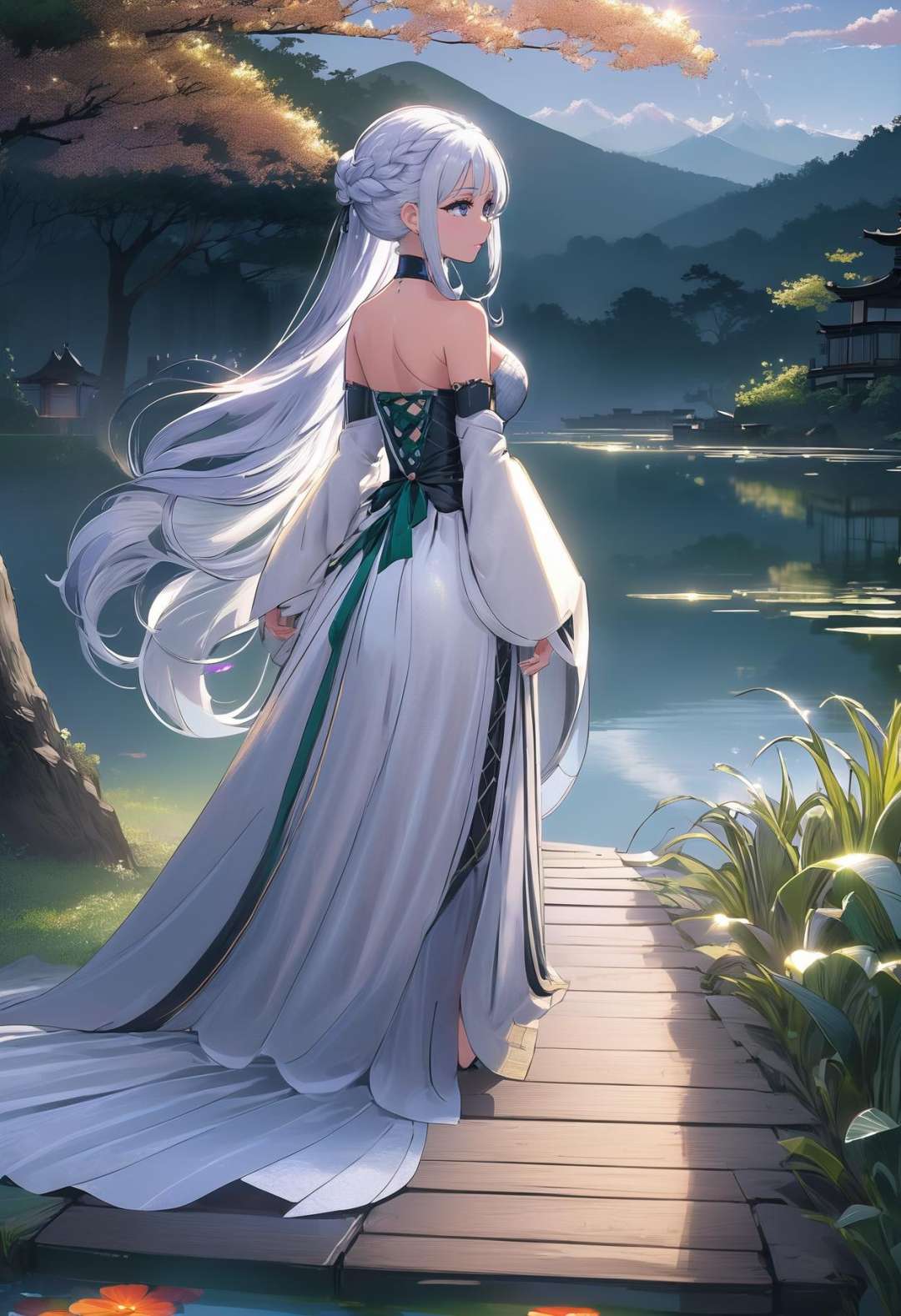 beautiful woman with bright silver hair, Basket Weave Braid, outlandishly sexy costume design, full body, by a vast pond, japanese, dramatic lighting