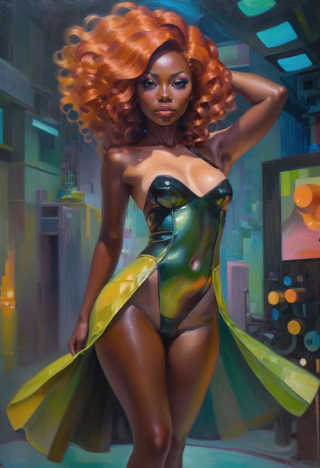 action shot, beautiful woman with copper hair, hime cut,Perm, outlandishly sexy costume design, (full body:1.3), in mad scientist's San Francisco, (dark skin:1.3), , oil on canvas, palette knife