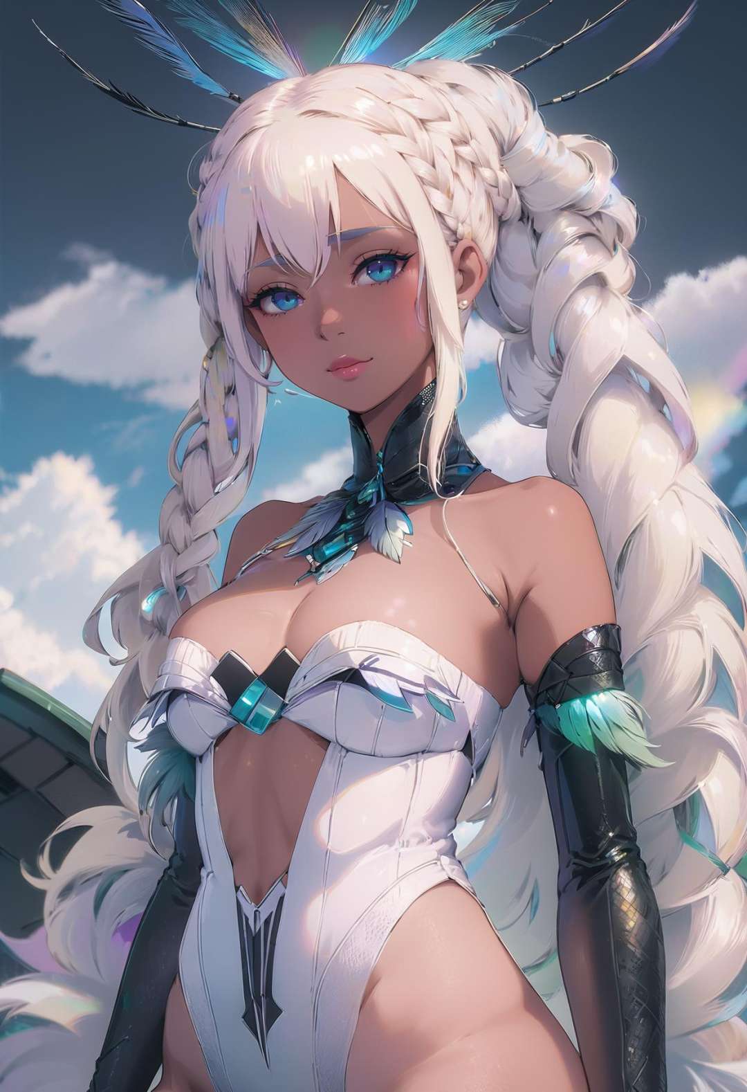 beautiful woman with glowing platinum hair, Feather Braid,long bombshell hair, outlandishly sexy costume design, (full body:1.3), in the African, abandoned clouds, albino,