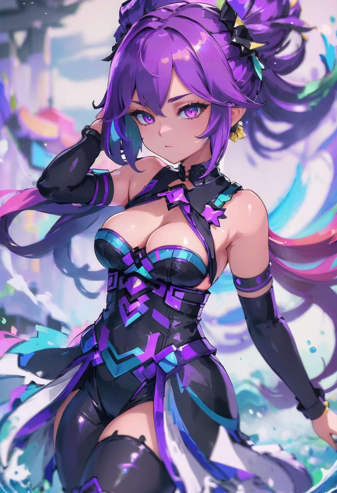 action shot, beautiful woman with purple hair with black highlights, short bombshell hair, elaborate costume design, full body, in a unpleasant video game, chinese, high contrast,vibrant colors, anime, watercolorand ink on canvas