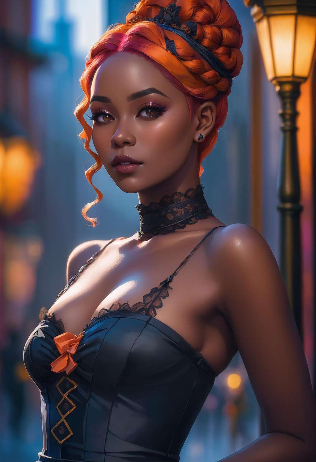 beautiful woman with red-orange hair, Victorian Updo, outlandishly sexy costume design, (full body:1.3), in Brazillian New York City, (dark skin:1.3), warm lighting,saturated colors,high contrast,dramatic lighting