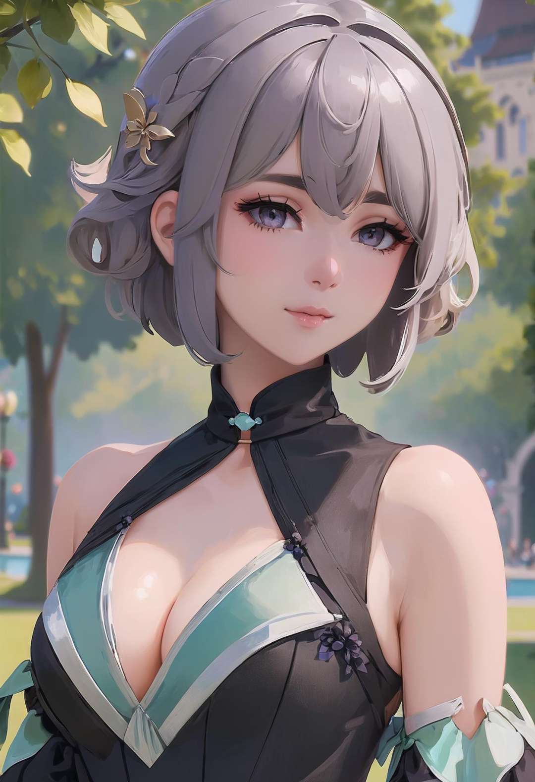 beautiful woman with light slate gray hair with brown highlights, Gibson Tuck,bombshell bob cut, elaborate costume design, , at a  park, caucasian, 