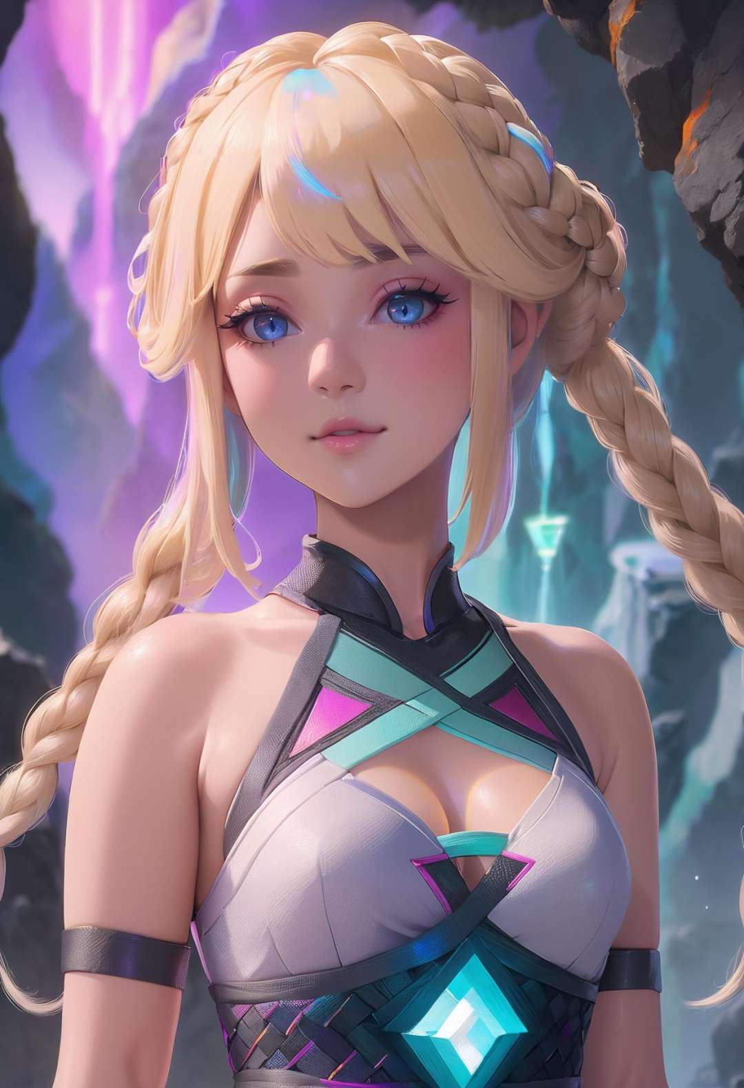 beautiful woman with blonde hair, Basket Weave Braid,hime cut, outlandishly sexy costume design, (full body:1.3), in a immaculate lava cave, korean, pastel colors,high contrast