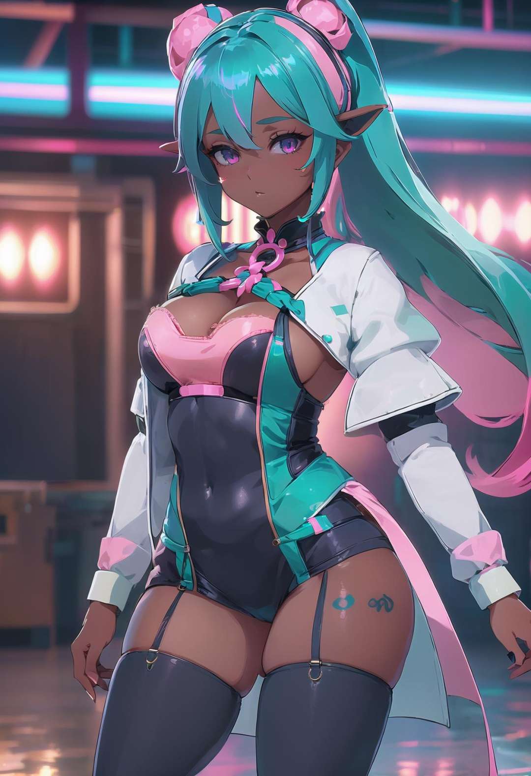 action shot, beautiful woman with dark aqua hair with pink highlights, hair rings, outlandishly sexy costume design, full body, in a Tudor, Swedish factory, (dark skin:1.3), high contrast,warm lighting, anime move promotional still