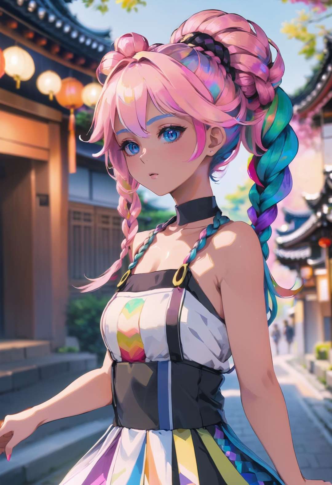 action shot, beautiful woman with pastel rainbow hair, Braided Updo, elaborate costume design, , on a  Kyoto street, caucasian, warm lighting, anime, gouache on paper