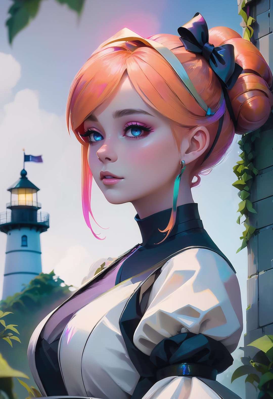 beautiful woman with iridescent ginger hair, Bow Bun,short bombshell hair, elaborate costume design, , at the top of a moody, overgrown lighthouse, albino, high contrast,dramatic lighting,vivid colors