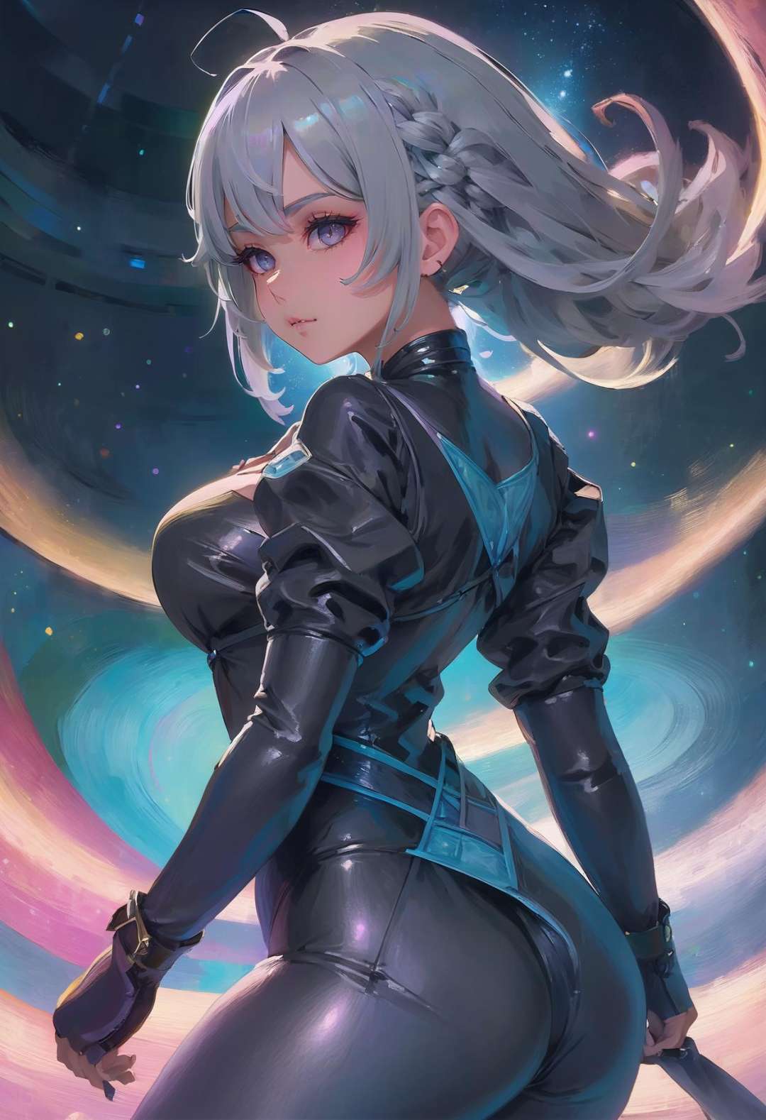 action shot, beautiful woman with gray hair, parted bangs,Rope Twists, outlandishly sexy costume design, (full body:1.3), in a well-lit, wistful nebula, caucasian, warm lighting,muted colors,dramatic lighting, anime, oil on canvas, palette knife