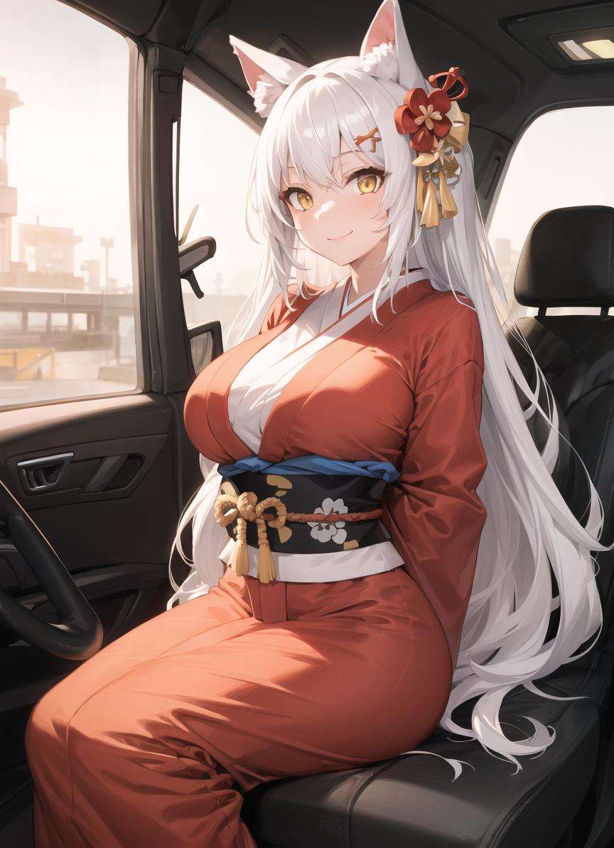 1girl, yellow eyes, long hair, white hair, sitting, red kimono, large breasts, light smile, arms behind back, hair ornament, animal ears, car,