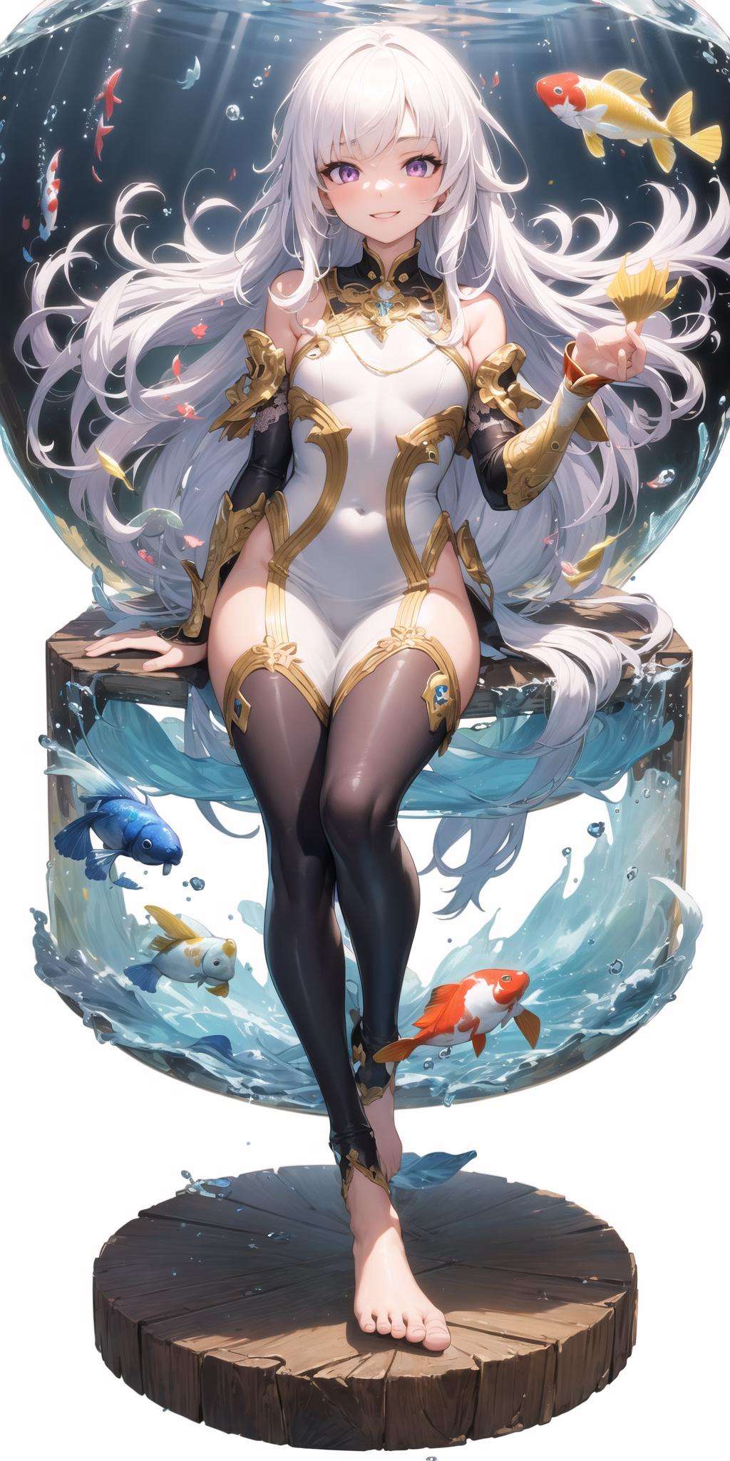 [(Transparent background:1.5)::5],(((masterpiece))),(((best quality))),(((extremely detailed))),illustration, 1girl,solo,mysterious,vivid color,shiny, underwater transparent sealed hemispherical glass dome, (white hair),(purple eyes), full body,barefoot,long hair tranquil nature, koi,Underwater, Dome,close up,Dynamic actions,Lens perspective,(((Box composition))),sit cross-legged and lean against the bookshel, volumetric lighting, multi-color eyes, detailed eyes, hyper detailed,light smile, highly detailed, beautiful, small details, ultra detailed, best quality, intricate, 4k, 8k, trending on artstation, good anatomy, beautiful lighting, award-winning,