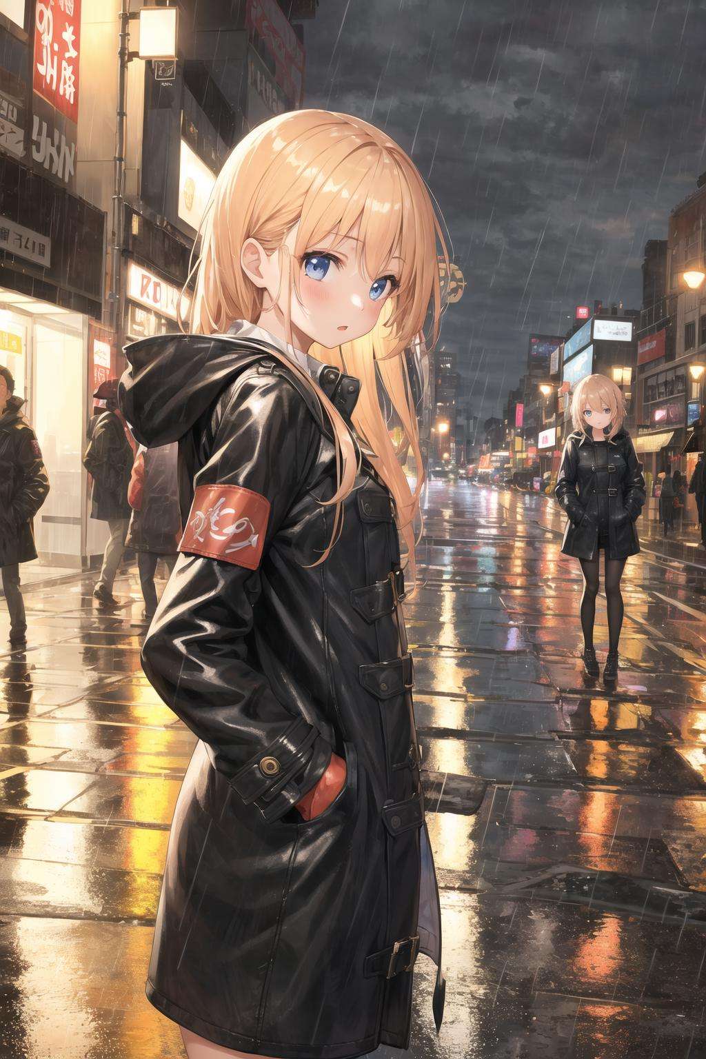 masterpiece best quality 1girl1girl,night city,rain,coat,hands in pockets